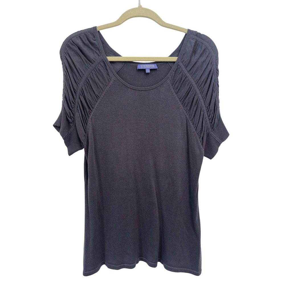 Vivienne Tam Top Charcoal Gray Tencel Ruched Shoulder Lagenlook Short Sleeve L